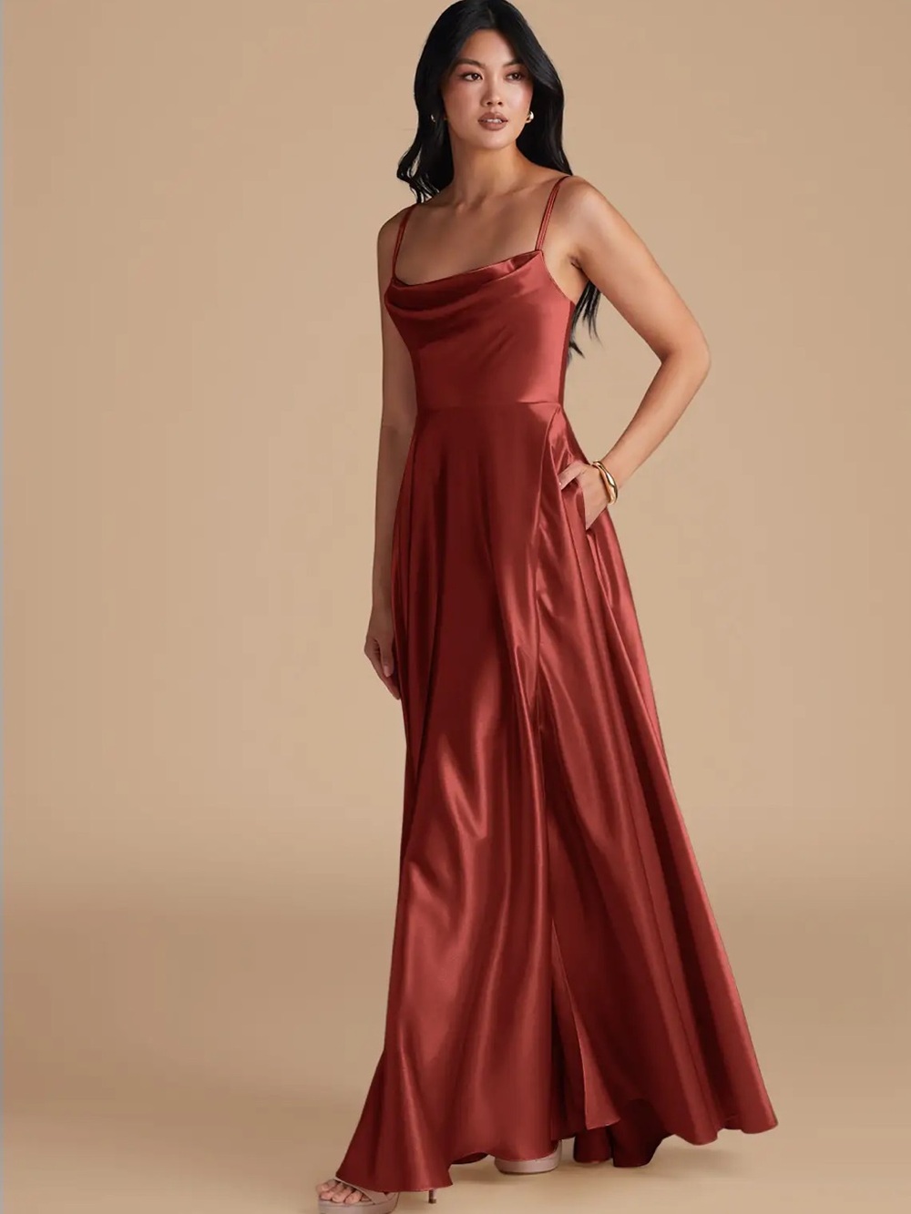 Azazie Satin Cowl Neck Spaghetti Strap Maxi Dress - Terracotta - A16